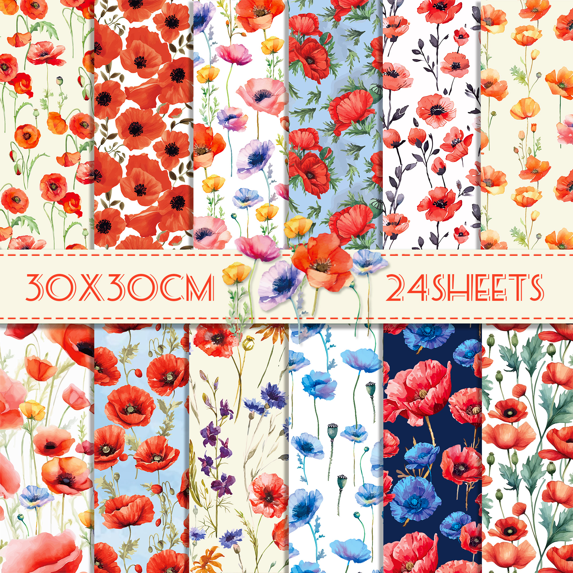 Art Craft Paper - 24pcs 30*30cm Poppy Red Flowers Scrapbook